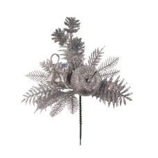 Silver Glittered Wreath Pick With Holly, Fern Leaves, Apple, Package And Pinecones . (Lot of 12 Picks) SALE ITEM